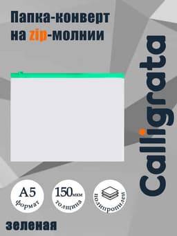 Папка-конверт на ZIP-молнии A5 Calligrata, 150 мкм, прозрачная с зелёной молнией