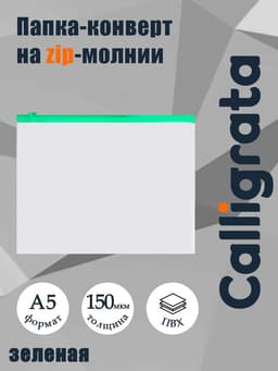 Папка-конверт на ZIP-молнии A5 Calligrata, 150 мкм, прозрачная с зелёной молнией