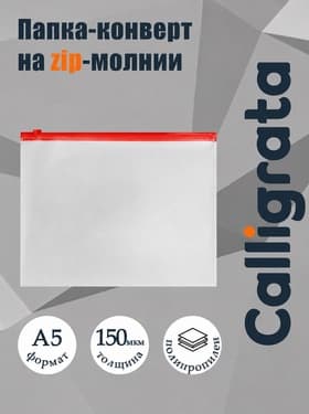 Папка-конверт на ZIP-молнии A5 Calligrata, 150 мкм, прозрачная с красной молнией