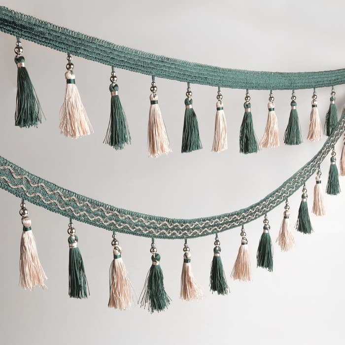 Тесьма с бусинами, 13 см, 5±0.5 м, изумрудная, бежевая