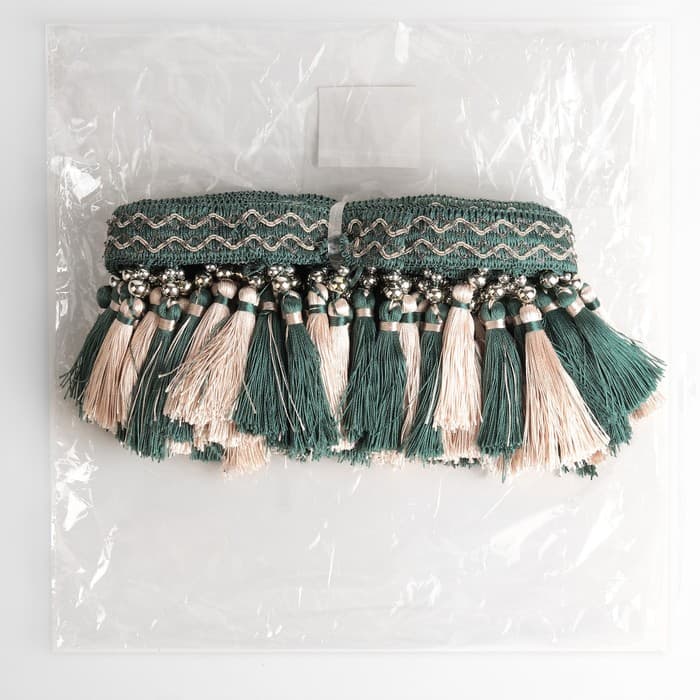 Тесьма с бусинами, 13 см, 5±0.5 м, изумрудная, бежевая