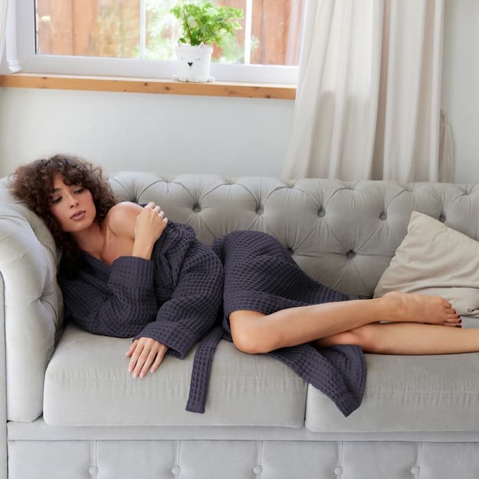 Халат вафельный женский удлинённый «Этель» Boho, размер 42-44, хлопок, 290 г/м², тёмно-серый