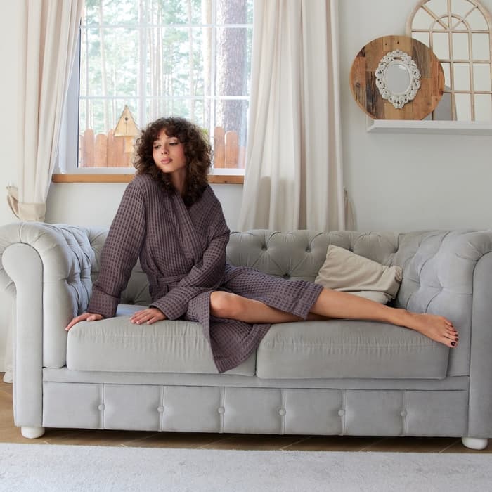 Халат вафельный женский удлинённый «Этель» Boho, размер 42-44, хлопок, 290 г/м², светло-серый