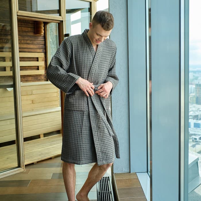 Халат вафельный мужской удлиненный «Этель» Boho, размер 46-48, светло-серый