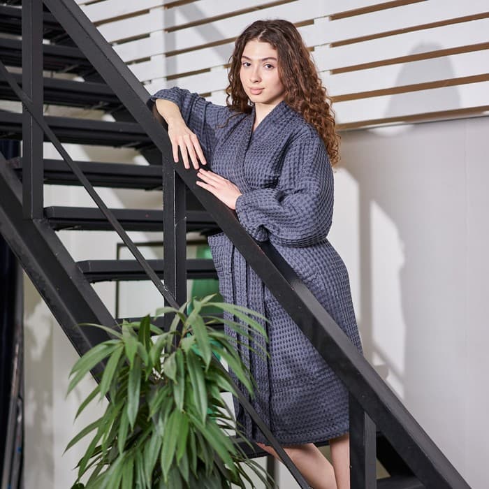 Халат вафельный женский удлинённый «Этель» Boho, размер 54-56, хлопок, 290 г/м², тёмно-серый