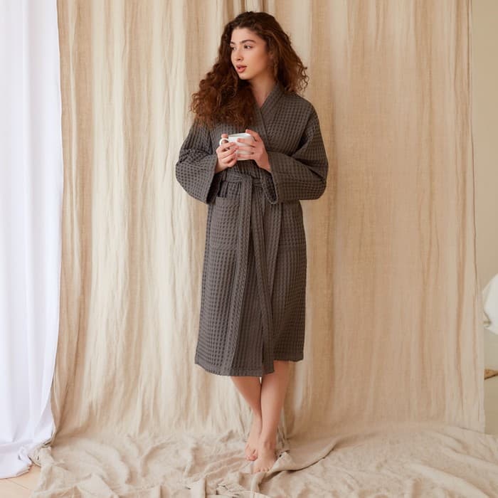 Халат вафельный женский удлинённый «Этель» Boho, размер 54-56, хлопок, 290 г/м², светло-серый