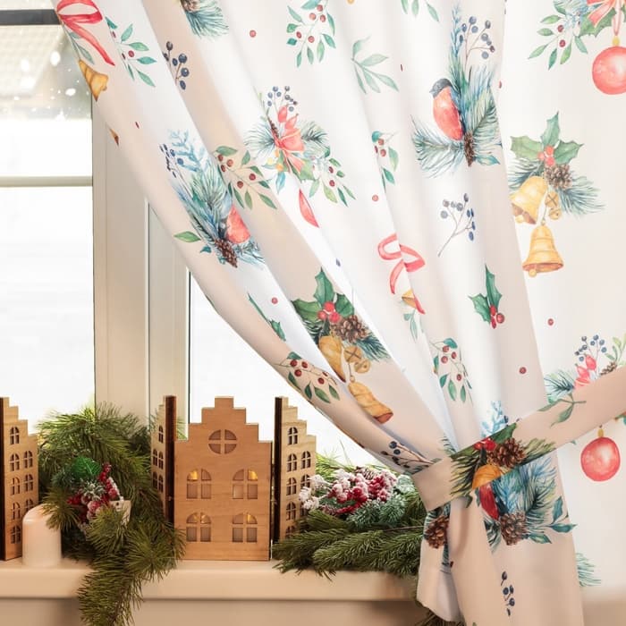 Шторы для кухни с подхватами Christmas wreaths, 145×180 см - 2 шт., габардин