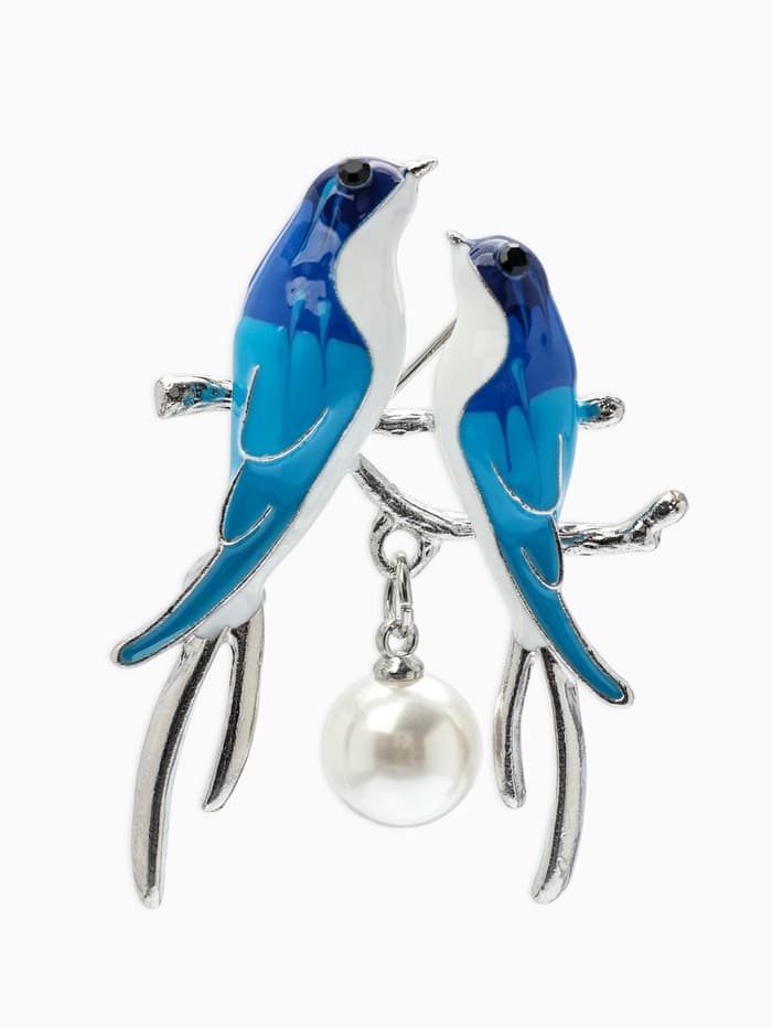 Брошь «Птицы» стрижи, бело-синяя в серебре