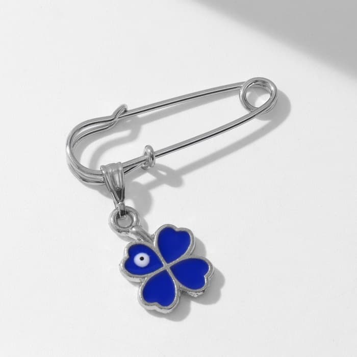 Булавка-оберег «Клевер», с глазком, 3.5 см, синяя в серебре
