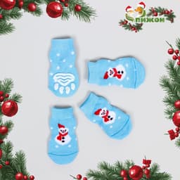 Носки нескользящие для животных «Снеговики», S (2.5/3.5×6 см), набор 4 шт., голубые
