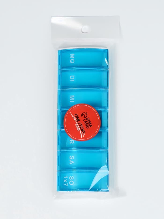 Таблетница «Неделька», немецкие буквы, 7 секций, 13.5×5×1.8 см, синяя, белая