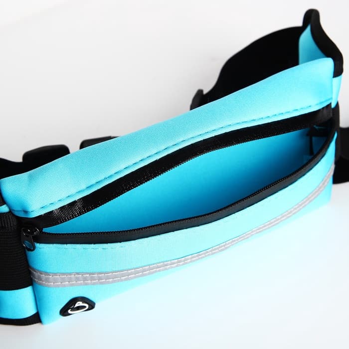 Сумка для бега на пояс, со светоотражающими элементами, с отверстием для наушников, с креплением для бутылки, 24×1×10 см, голубая