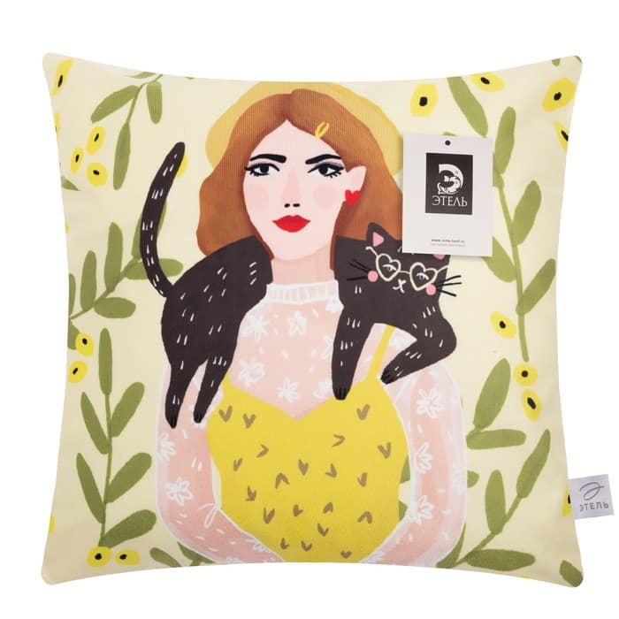 Наволочка декоративная Этель «Девушка с котом» 40×40 см, 100% п/э, велюр
