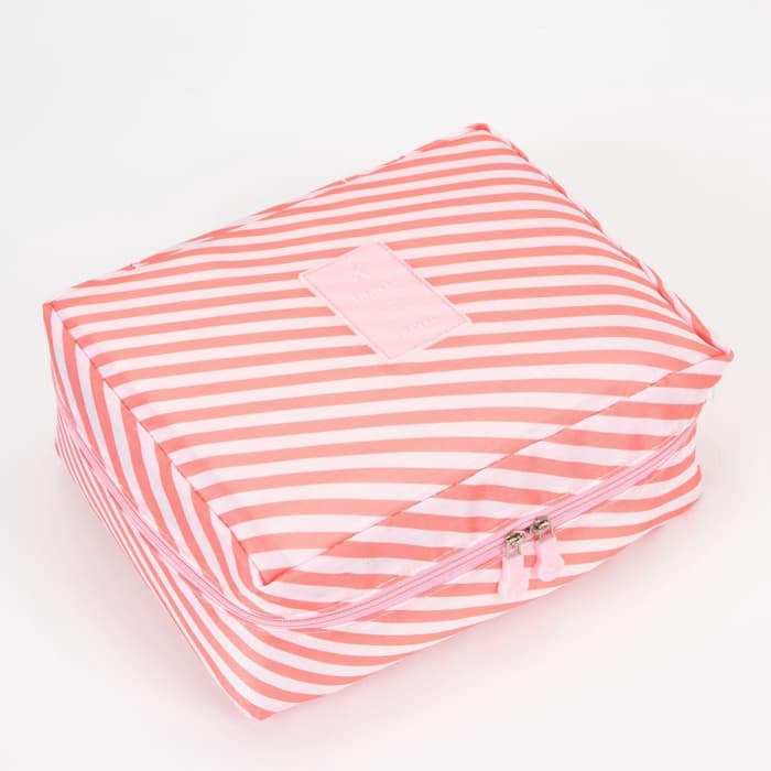 Косметичка - органайзер дорожная на молнии, с карманами, с полосками, розовая