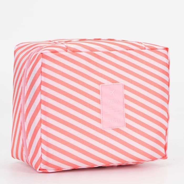Косметичка - органайзер дорожная на молнии, с карманами, с полосками, розовая