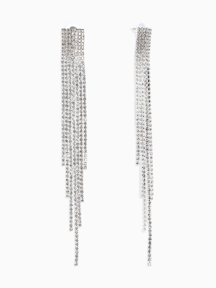 Серьги висячие со стразами «Водопад», мини квадрат, белые в серебре, 14 см