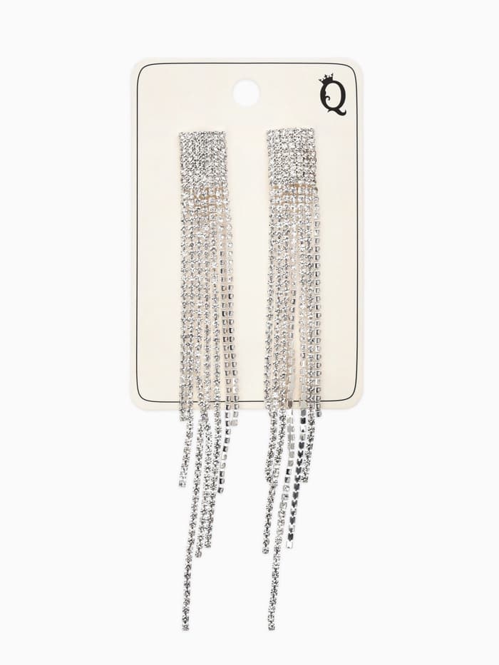 Серьги висячие со стразами «Водопад», мини квадрат, белые в серебре, 14 см