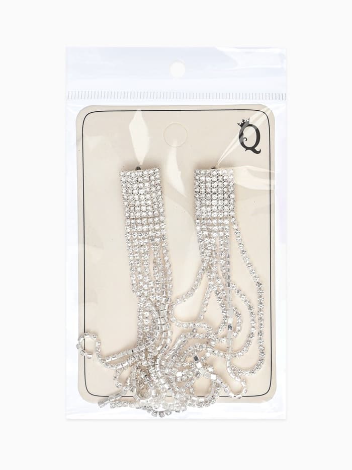 Серьги висячие со стразами «Водопад», мини квадрат, белые в серебре, 14 см
