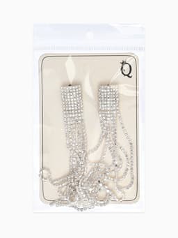 Серьги висячие со стразами «Водопад», мини квадрат, белые в серебре, 14 см