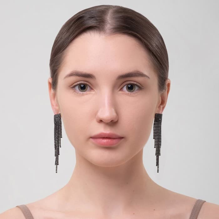 Серьги висячие со стразами «Водопад», на квадрате, чёрные в серебре, 11 см