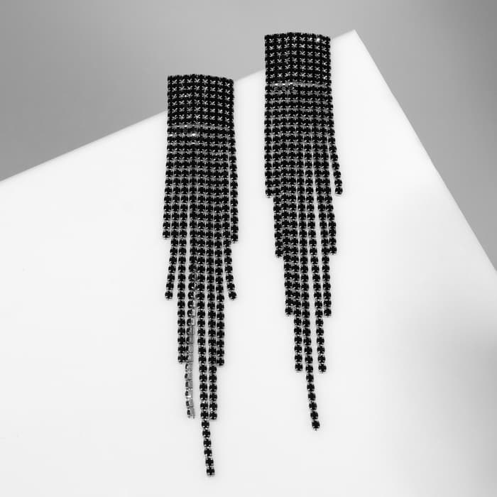 Серьги висячие со стразами «Водопад», на квадрате, чёрные в серебре, 11 см