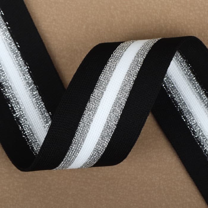 Тесьма трикотажная лампас 40 мм, 9.1±0.5 м, цвет чёрный, серебряный