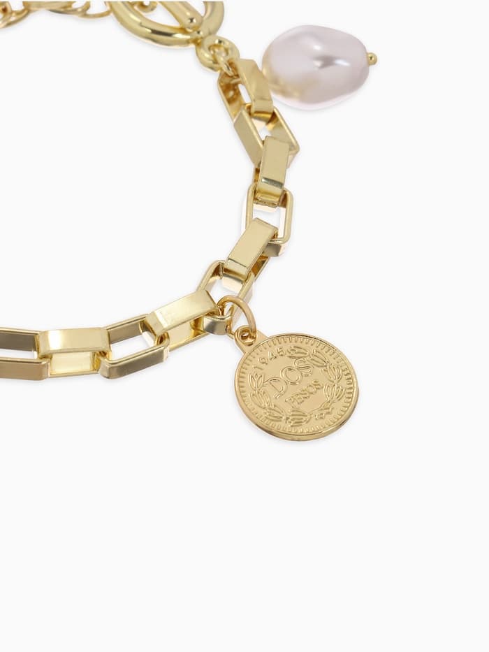 Браслет цепочка «Жемчуг и медальон», L=20 см, белый в золоте