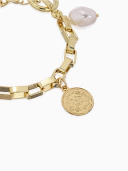 Браслет цепочка «Жемчуг и медальон», L=20 см, белый в золоте
