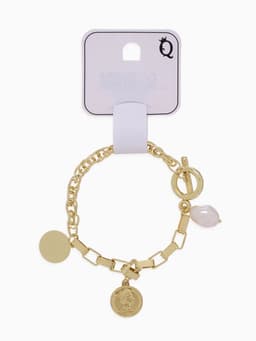 Браслет цепочка «Жемчуг и медальон», L=20 см, белый в золоте