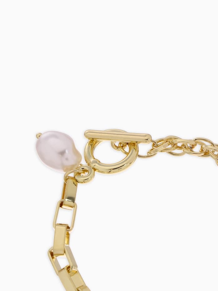 Браслет цепочка «Жемчуг и медальон», L=20 см, белый в золоте