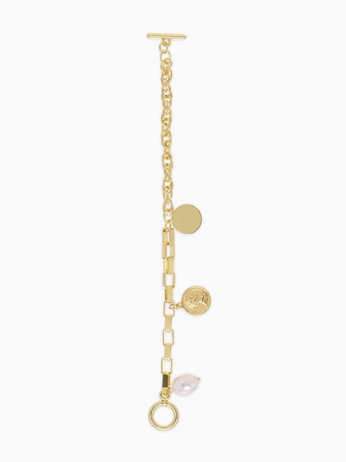 Браслет цепочка «Жемчуг и медальон», L=20 см, белый в золоте