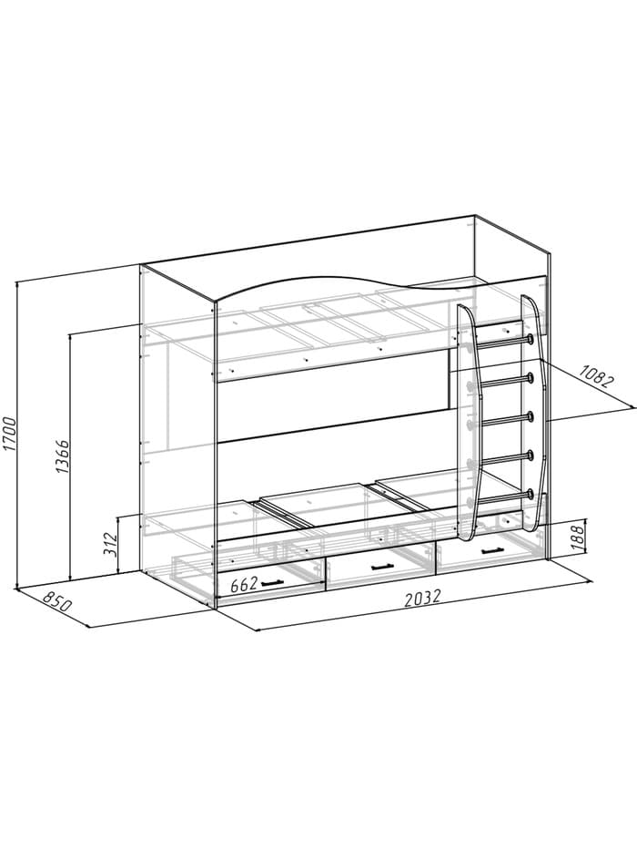 Кровать двухъярусная «Клик Мебель», с ящиками, 800×2000 мм, цвет белый/дуб вотан