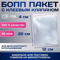 Пакет БОПП с клеевым клапаном, прозрачный для фасовки и упаковки, 12×22/4 см, 25 мкм
