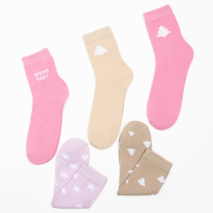 Носки женские новогодние Winter размер 36-39 (23-25 см), набор 5 пар