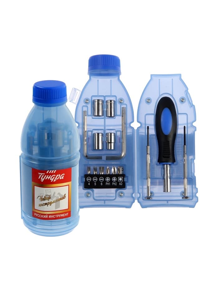 Набор инструментов ТУНДРА, подарочный пластиковый кейс «Бутылка», 15 предметов
