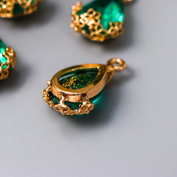 Декор для творчества пластик «Капля с золотыми цветочками», морская волна кристалл, 2×1.2 см