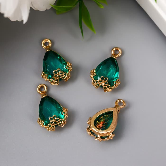 Декор для творчества пластик «Капля с золотыми цветочками», морская волна кристалл, 2×1.2 см