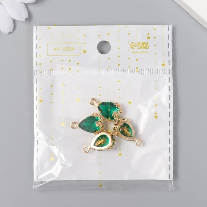 Декор для творчества пластик «Капля с золотыми цветочками», морская волна кристалл, 2×1.2 см