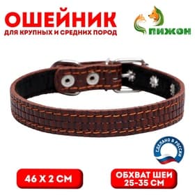 Ошейник кожаный с тиснением на синтепоне, 46×2 см, ОШ 25-35 см, коричневый