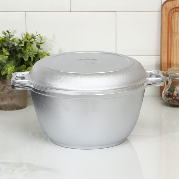 Казан KUKMARA, 3 л, крышка-сковорода, литые ручки, литой алюминий, серебристый