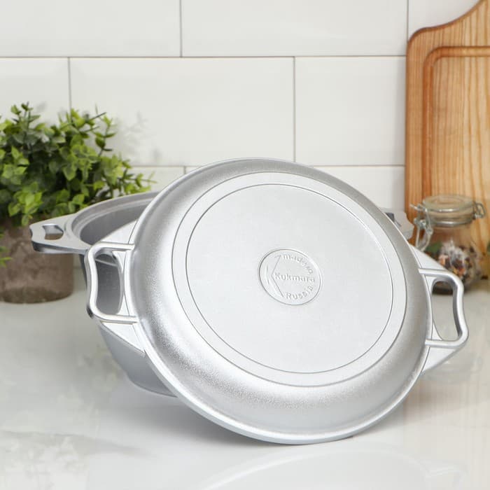 Казан KUKMARA, 3 л, крышка-сковорода, литые ручки, литой алюминий, серебристый