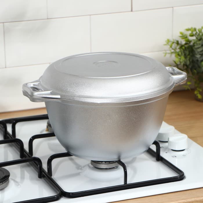 Казан KUKMARA, 3 л, крышка-сковорода, литые ручки, литой алюминий, серебристый