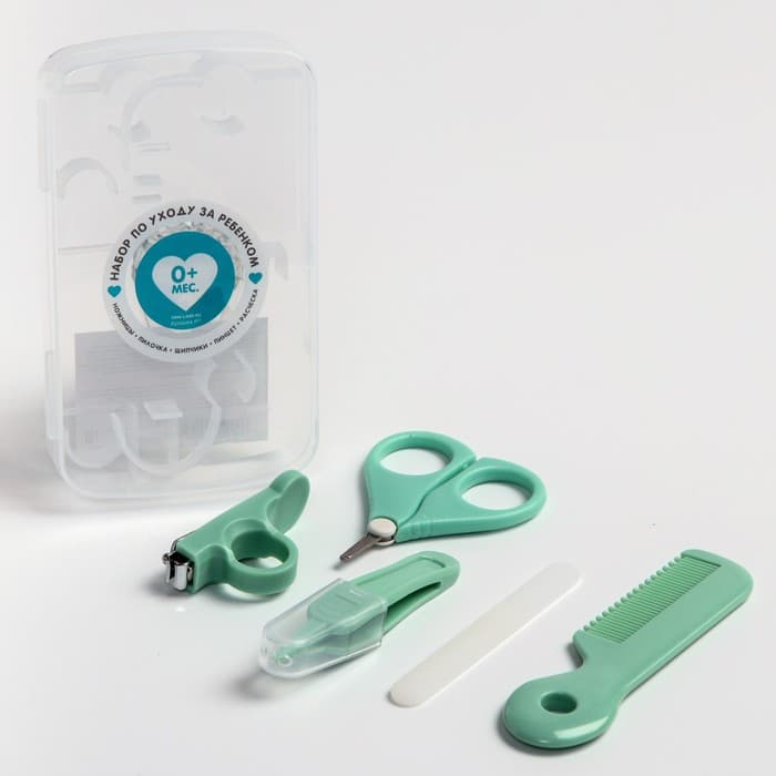 Набор по уходу за ребенком, 5 предметов: расческа, пинцет, ножницы, книпсер, пилка, зеленый