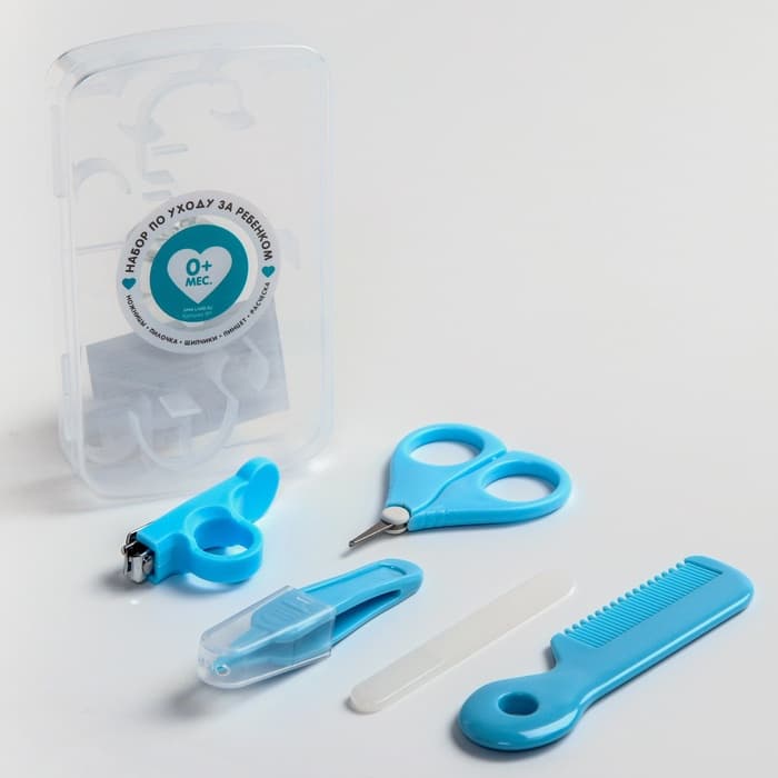 Набор по уходу за ребенком, 5 предметов: расческа, пинцет, ножницы, книпсер, пилка, голубой