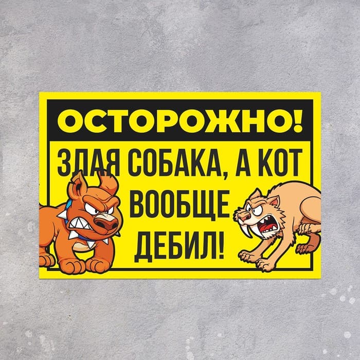 Табличка «Осторожно собака и кот» 300×200, цвет чёрно - жёлтый, клейкая основа