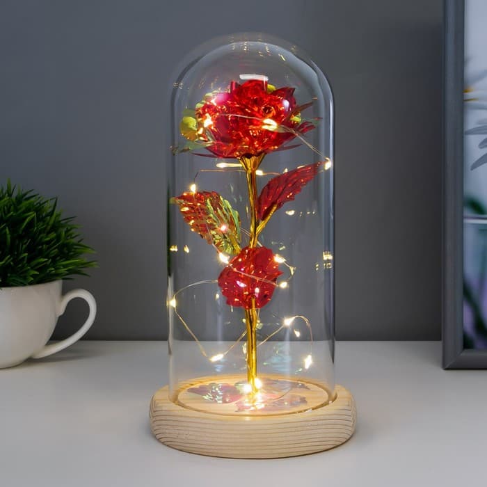 Фигурка светящаяся колба RISALUX «Красный цветок», LED-ночник, от батареек 3ААА, 11×11×21.5 см