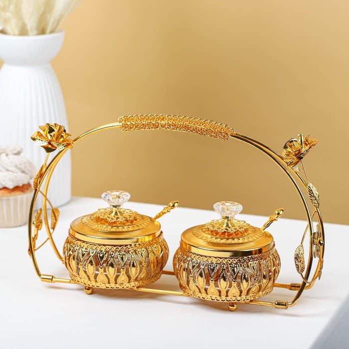Сахарницы «Бонжур», с ложками, на подставке, набор 2 шт., металл, золотистые