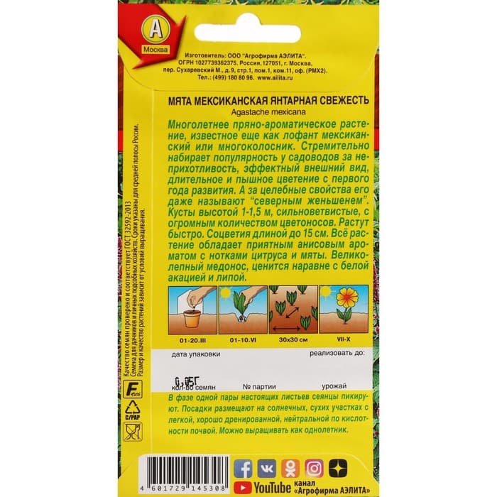 Семена Мята мексиканская «Янтарная свежесть», 0.05 г, многолетник, «Аэлита»