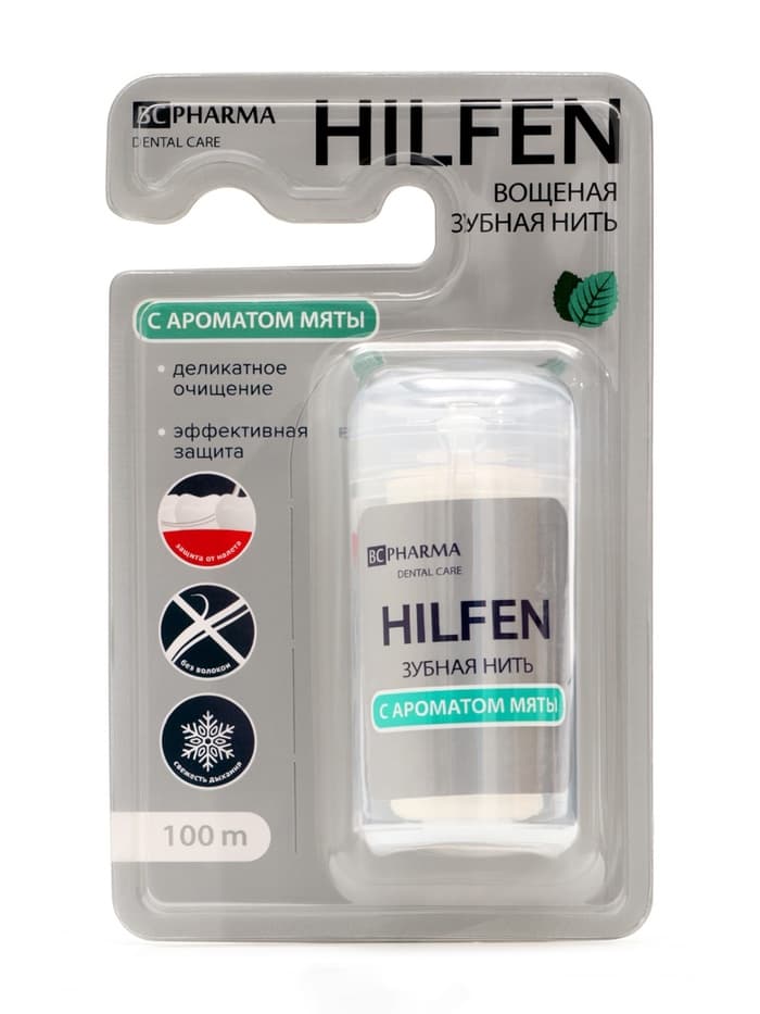 Зубная нить Hilfen вощёная плоская с ароматом мяты, 100 м