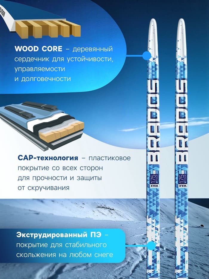 Комплект лыжный: пластиковые лыжи 175 см без насечек, стеклопластиковые палки 135 см, крепления NN75 мм, МИКС